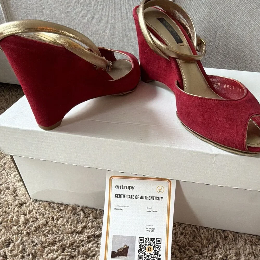 ⁠Louis Vuitton Red Suede Metallic Gold Strap Peep Toe Wedge Sandals 37 Entrupy